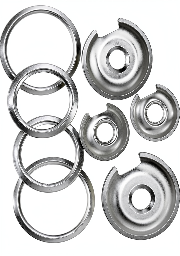 AMI PARTS chrome drip pans displayed on a stove top